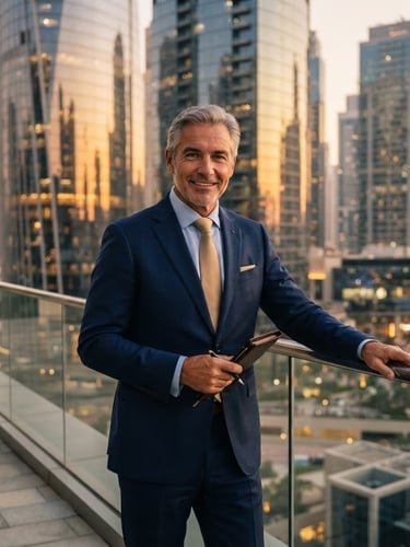 A professional golden-hour portrait of a senior real estate broker in business attire, modern Dubai architectural glass facade reflecting warm light in the background, sharp focus, 35mm lens.