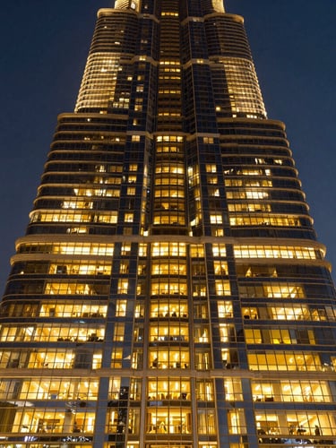 Wide-angle architectural detail of a modern luxury residential tower in Dubai during twilight, warm interior lights glowing through floor-to-ceiling glass, deep navy sky, sharp focus.