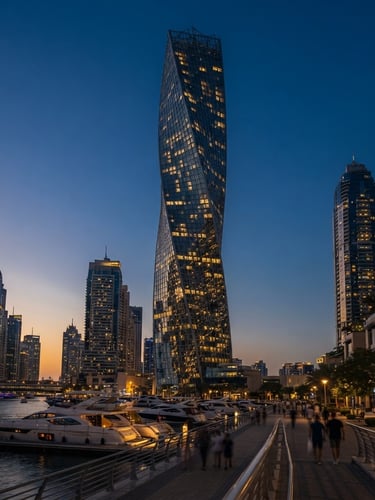 Wide-angle architectural dusk shot of a modern glass skyscraper in Dubai Marina, warm golden hour reflections, sharp focus, 35mm lens