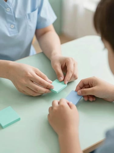 Close-up das mãos de uma fonoaudióloga e um paciente (adulto ou criança) manipulando materiais terapêuticos coloridos, em um ambiente de consultório bem iluminado com luz natural, focado na interação e no aprendizado.