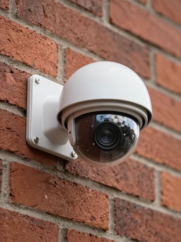 Close-up of a dome CCTV camera mounted flush to a red-brick exterior wall, north-facing daylight, cable run visible entering the housing, sharp detail of the mounting bracket and lens