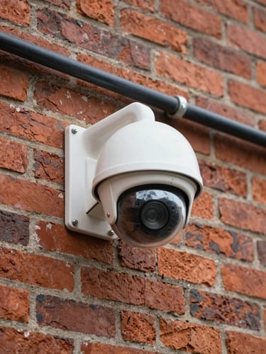 Close-up wide shot of a dome CCTV camera bolted to weathered red brick exterior wall, north-facing daylight, cables neatly routed into conduit, no people, flat technical framing showing the hardware in situ