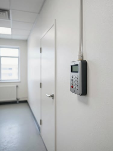 Wide environmental shot of a commercial corridor interior with an alarm keypad mounted on white plaster wall beside a fire door, daylight from a window at the far end, cables neatly surface-run in white trunking, no people, flat clinical framing