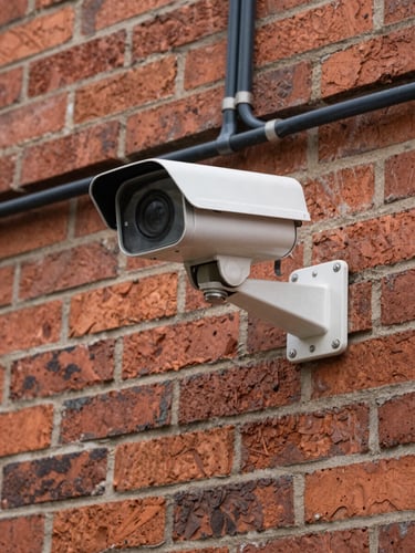 Close detail of a CCTV camera mounted on a red-brick exterior wall, wiring visible and neatly routed into conduit, north-facing diffused daylight, flat technical framing