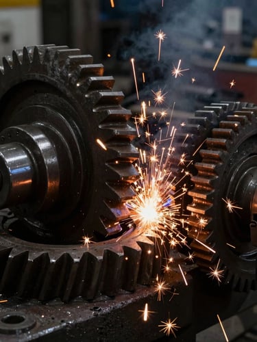 Close-up of intense electrowelding sparks on heavy industrial steel gears, high-contrast factory lighting, dark charcoal background, sharp focus, 35mm