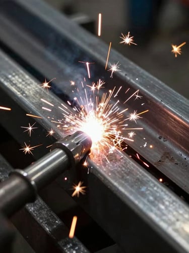 Close-up of electrowelding sparks on a stainless steel conveyor belt, high-contrast industrial lighting, sharp focus on the weld bead