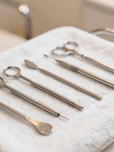 Close-up of clean, sterilized salon tools neatly arranged on a white towel, soft warm lighting, shallow depth of field, modern wellness-editorial style.