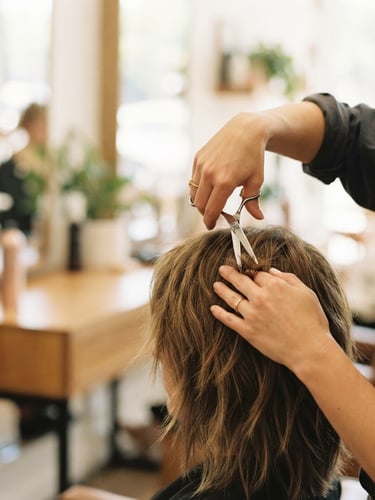Close-up of a stylist's hands meticulously detailing hair with scissors, warm bright indoor light, modern salon setting, shallow depth of field, subject on the right third.