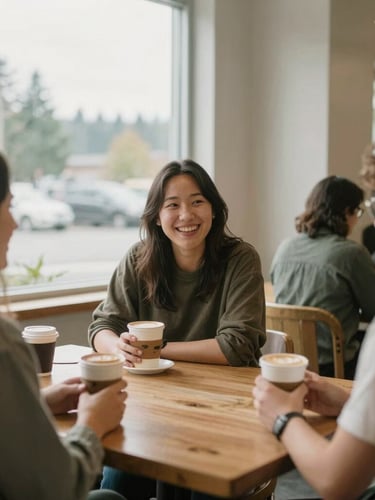 Candid medium shot of people talking warmly over coffee in a bright, welcoming community room in Lynnwood, soft natural window light, 35mm.
