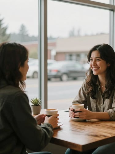 Candid eye-level shot of two people talking over coffee in a warm, welcoming Lynnwood community center, soft natural window light, 35mm editorial style.