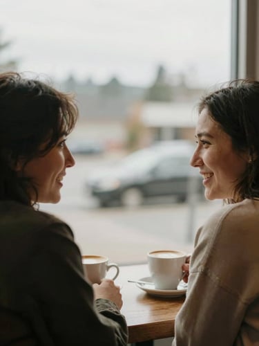 A warm, candid close-up of two people talking over coffee in a Lynnwood cafe, soft Pacific Northwest overcast light filtering through the window, muted earthy tones.