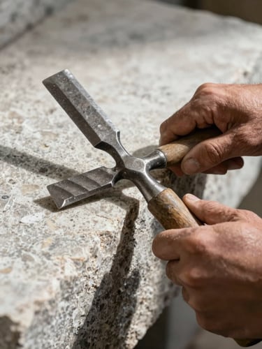 Extreme close-up of weathered hands holding a heavy steel chisel against a rough block of limestone, harsh natural side light casting deep shadows.
