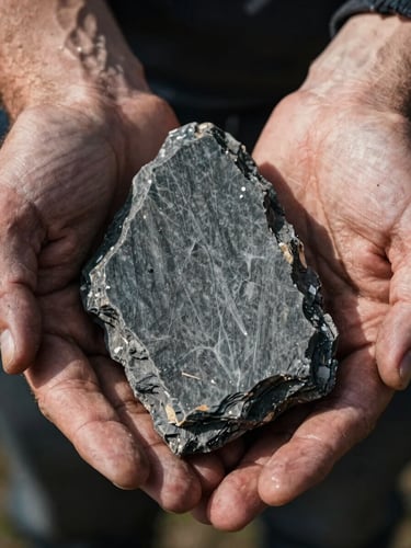 Extreme close-up of weathered hands holding a rough piece of Yorkshire slate, natural side lighting, deep shadows