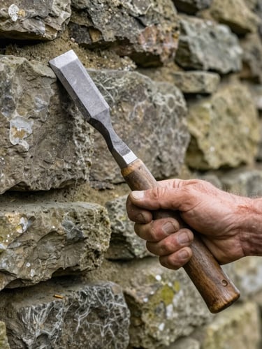 A close-up of a stone mason's weathered hands holding a heavy chisel against a rough Yorkshire dry-stone wall, natural side lighting with deep shadows