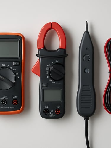 Close-up overhead shot of electrical diagnostic tools—multimeter, clamp meter, circuit tracer—laid out in precise order on a clean white work surface under clinical daylight, cables coiled neatly beside them