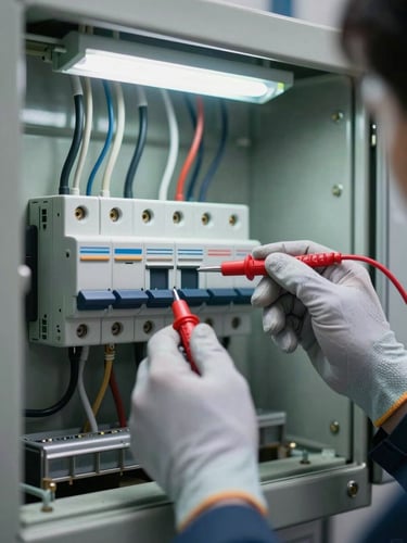 Close-up of a residential circuit breaker panel open under clinical fluorescent light, wiring neatly exposed, a technician's gloved hand holding a digital multimeter probe to a terminal, sharp diagnostic framing with no shadows