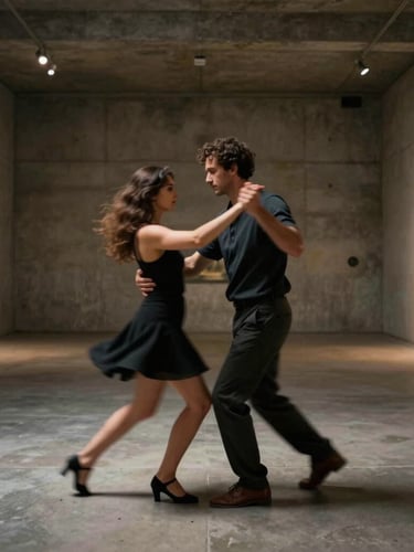 Candid motion blur of a couple dancing in a concrete gallery space, low-light flash with intentional motion drag.