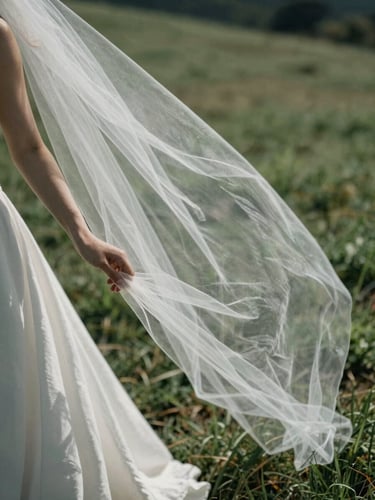 Close-up of a bride's hand lightly holding a wind-whipped veil on a grassy hillside, soft focus, high-contrast natural light casting long shadows on raw linen fabric, medium-format film grain.