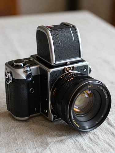 A close-up of a medium-format film camera resting on a raw linen tablecloth, soft side light, grainy texture.