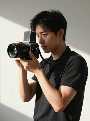Portrait of an editorial photographer holding a medium-format camera, natural side-lighting, high-contrast shadows, minimalist studio setting.