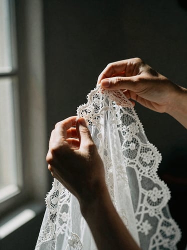 A close-up shot of hands adjusting a delicate lace veil in high-contrast window light, deep shadows, grainy medium-format film aesthetic.