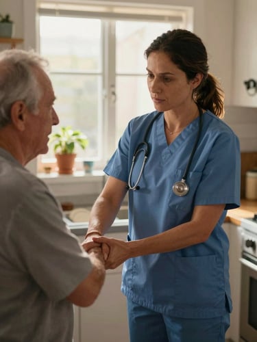 Tight portrait framing, warm golden-hour window light, a Latina female caregiver in her 40s helping an elderly man steady himself near a kitchen counter, her hands visible on his forearm, genuine focus on her face, real home kitchen background slightly out of focus — dishes, plant on the windowsill