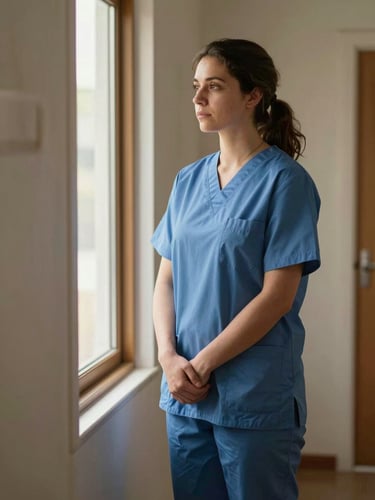 Close environmental shot of a female caregiver in a client's home hallway, standing with quiet confidence near a doorframe, warm window light from the side, natural expression, documentary framing