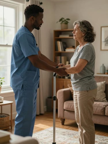 Tight environmental frame of a Black male caregiver in casual clothes shadowing an experienced female caregiver in a real client's living room, both standing near a window, the experienced caregiver demonstrating how to assist with a standing transfer, natural afternoon light, visible bookshelves and warm furnishings in the background