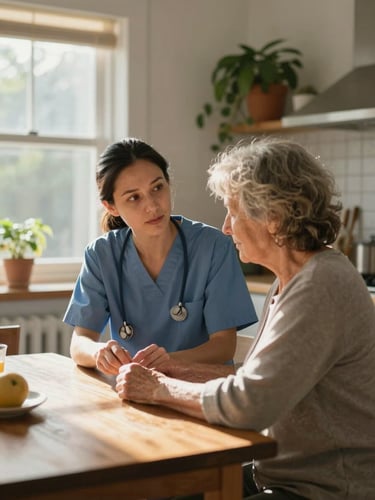 Close environmental shot, a female caregiver in casual clothes helping an elderly woman at a kitchen table, natural window light streaming from the left, warm morning glow, caregiver's face turned slightly toward the client with quiet focus, hands visible mid-task, real home interior with visible wood grain and houseplants