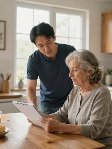 Close environmental frame: a caregiver seated at a kitchen table with an elderly woman, both looking at a notepad together in warm morning window light, natural and unhurried