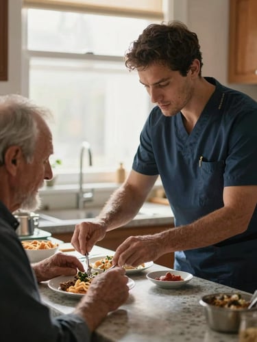 Tight portrait of a male caregiver in a client's kitchen, helping an elderly man with a morning meal, hands visible at the counter, warm natural light from a window above, focused and unhurried expression, documentary framing