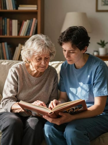 Portrait-oriented shot of a caregiver and an elderly woman in a home living room, both seated close together looking at a photo album, warm late-afternoon window light raking across them, bookshelves and a lamp visible behind, documentary and unhurried