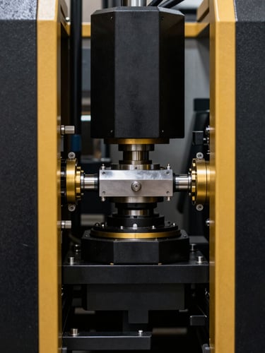 Macro detailed shot of high-end manufacturing machinery, sharp industrial daylight, high-contrast black and gold tones, architectural framing