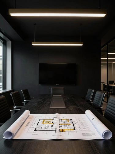 A high-contrast, editorial B2B consultation in a modern Sydney boardroom, sharp architectural framing, low-key dramatic lighting highlighting gold accents on blueprints.