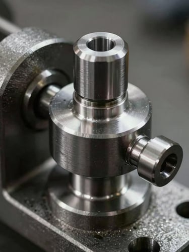 Macro shot of a newly machined steel bushing being pressed into a vintage mechanical linkage, high-contrast workshop lighting.