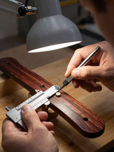 Macro shot of a technician using steel feeler gauges under a single focused bench lamp to measure fret clearance on a dark rosewood fingerboard.