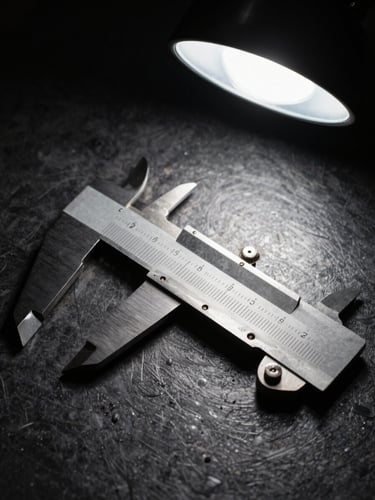 Macro close-up of high-contrast steel calipers measuring the fret crown of an electric guitar neck under a single focused bench lamp, deep shadows, dark oiled-steel background.