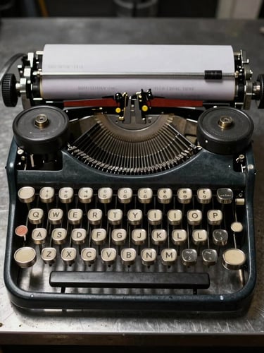 Top-down flat-lay of disassembled vintage typewriter linkages on an oiled-steel workbench, high-contrast dramatic side lighting.
