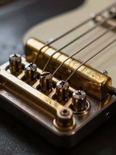 Extreme close-up of a vintage guitar bridge, brass saddles catching dramatic workshop light, steel strings under high tension, macro detail of adjustment screws.