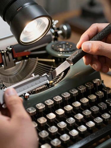 A master technician using carbon steel feeler gauges to measure the clearance of a vintage typewriter escapement under a focused spotlight.