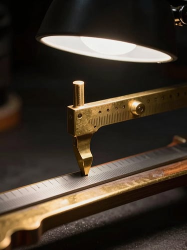 Macro close-up of a brass feeler gauge measuring guitar neck relief under a single focused bench lamp, deep shadows, high contrast.