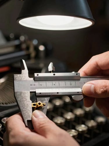 Extreme close-up of hands using precision metal calipers to measure a brass typewriter escapement under a single focused bench lamp, deep shadows.