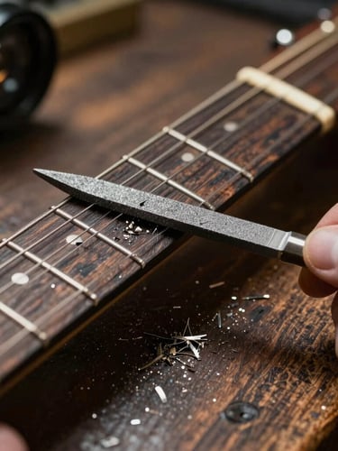 Extreme close-up of a guitar fretboard being leveled with a steel file. Metal shavings rest on the dark wood under high-contrast workshop lighting, showing absolute precision.