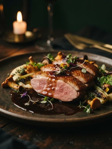 A macro close-up of a beautifully plated dish featuring tender duck breast with a rich bamboo-infused reduction sauce, warm candlelit glow, deep forest green background, moody editorial food photography, 50mm lens