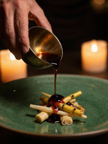 Moody editorial close-up of a chef's hands pouring a rich, dark reduction sauce over a dish garnished with delicate bamboo shoots, warm candlelight casting long shadows, shallow depth of field, portrait aspect.