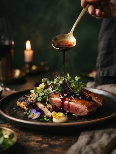 moody editorial food photography, close-up of a delicate fusion dish with a rich reduction sauce being poured, warm candlelit glow, deep forest green background, shallow depth of field, 50mm