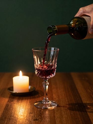 A close-up of a hand pouring red wine into a crystal glass on a candlelit wooden table, rich shadows, warm golden glow, deep green background, moody editorial food photography