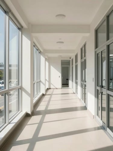 A clean, architectural detail of a modern healthcare facility corridor, bright clinical daylight, crisp linear shadows, minimalist structure.