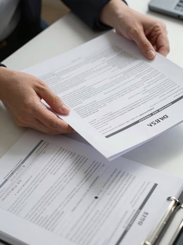 Close-up of hands on a desk sorting through health insurance policy documents and claim forms, overhead office fluorescent lighting casting clean shadows on printed paperwork, a policy booklet open to a dense clause page visible in the lower frame