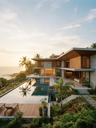 Wide architectural shot of a modern luxury villa in Sri Lanka, geometric lines, polished concrete, teak accents, soft golden hour light, expansive sky, minimalist, medium-format film.